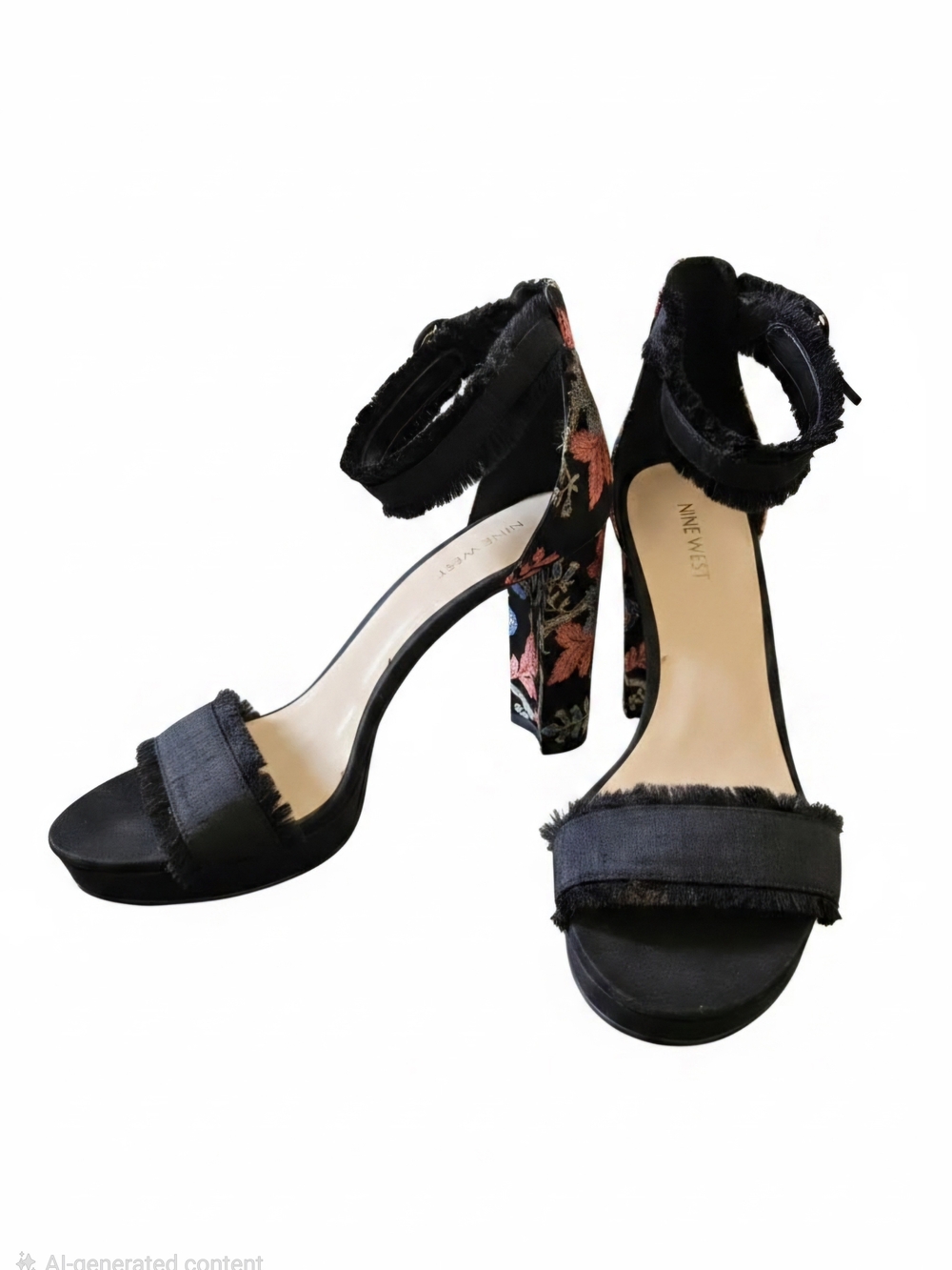 Nine West Black Embroidered Block Heel Sandals